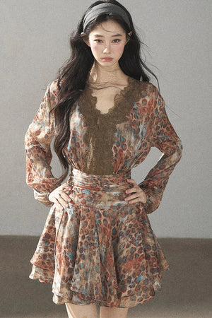 Leopard Print Chiffon Puffy Dress and Pants Set