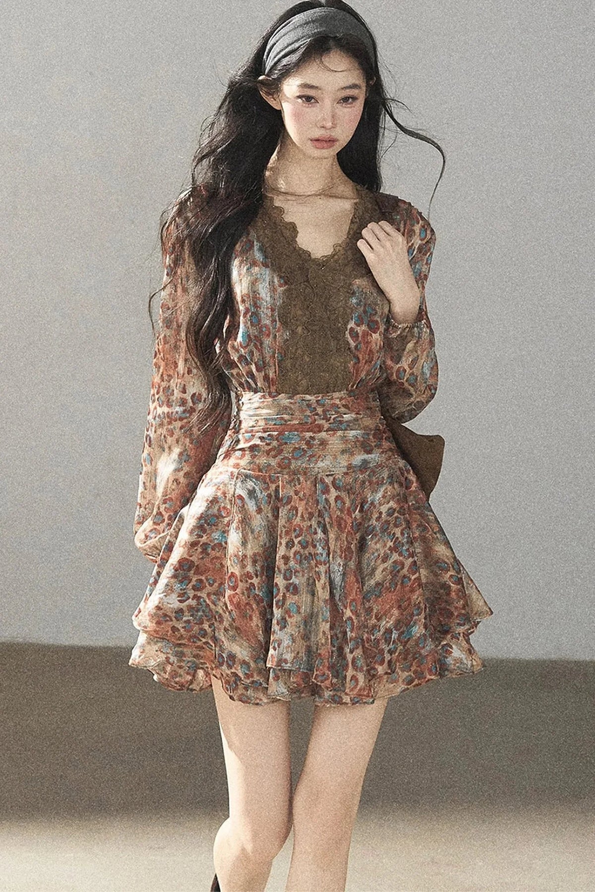 Leopard Print Chiffon Puffy Dress and Pants Set