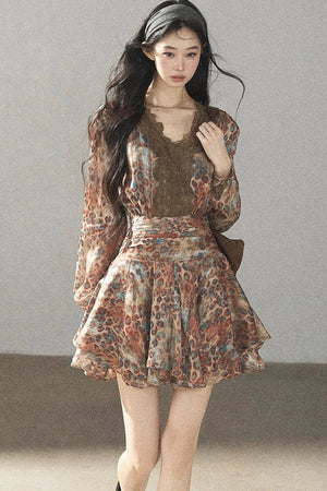 Leopard Print Chiffon Puffy Dress and Pants Set
