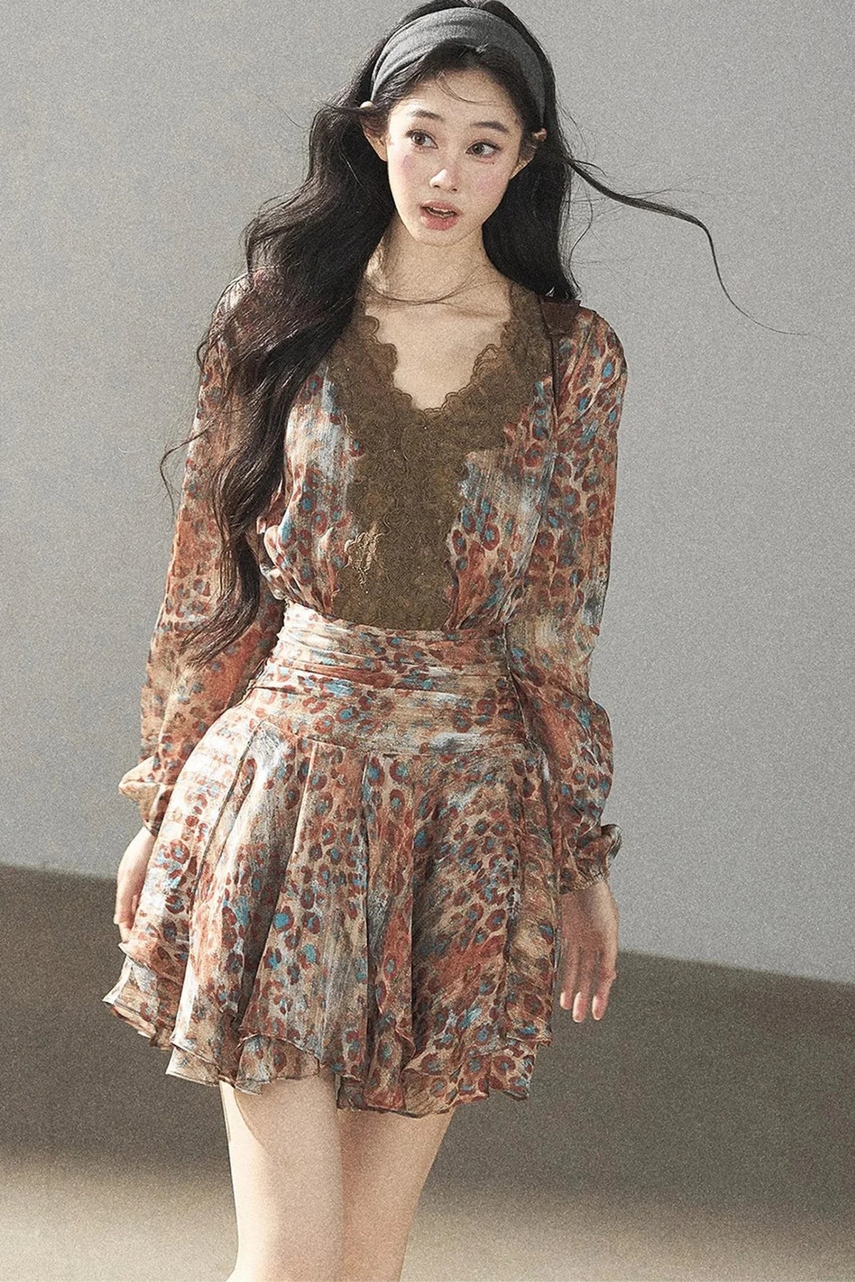 Leopard Print Chiffon Puffy Dress and Pants Set
