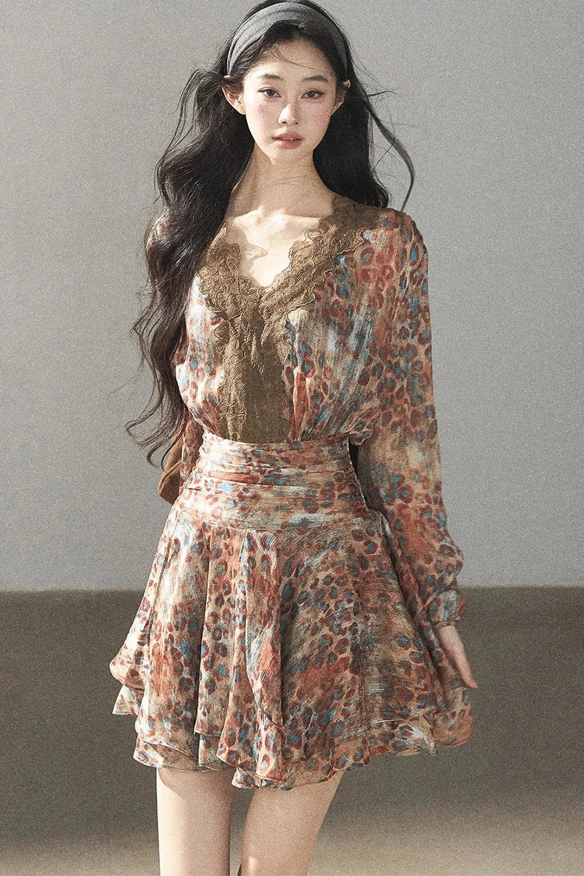 Leopard Print Chiffon Puffy Dress and Pants Set