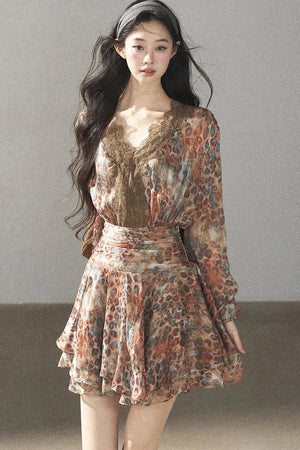 Leopard Print Chiffon Puffy Dress and Pants Set