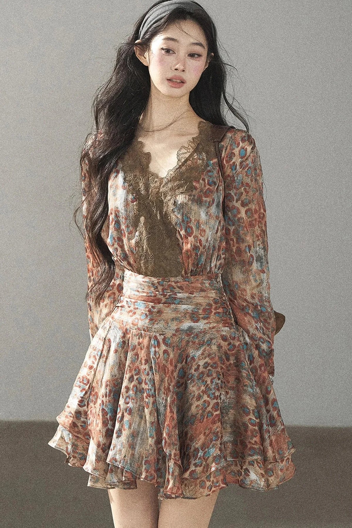 Leopard Print Chiffon Puffy Dress and Pants Set