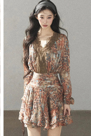 Leopard Print Chiffon Puffy Dress and Pants Set