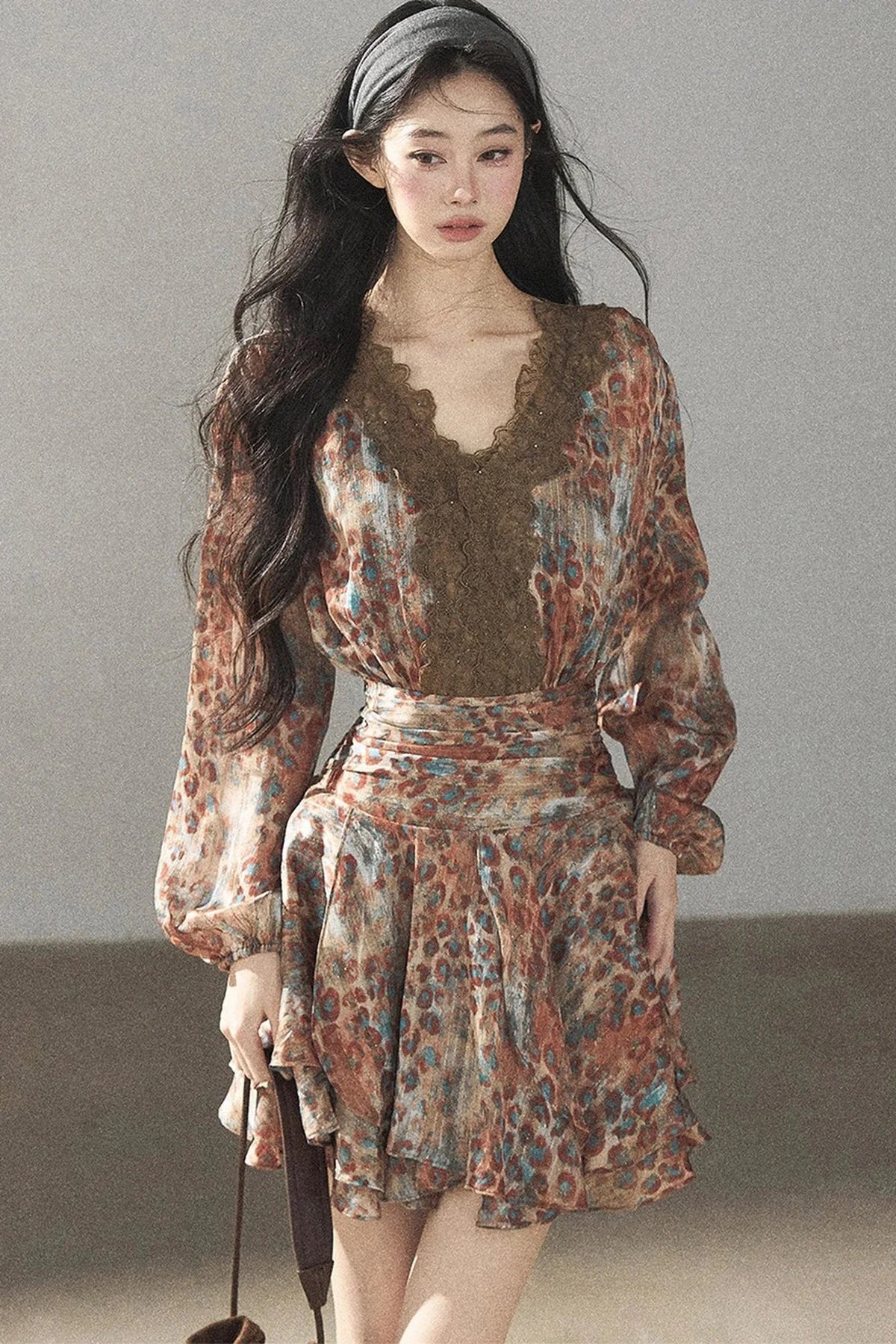 Leopard Print Chiffon Puffy Dress and Pants Set