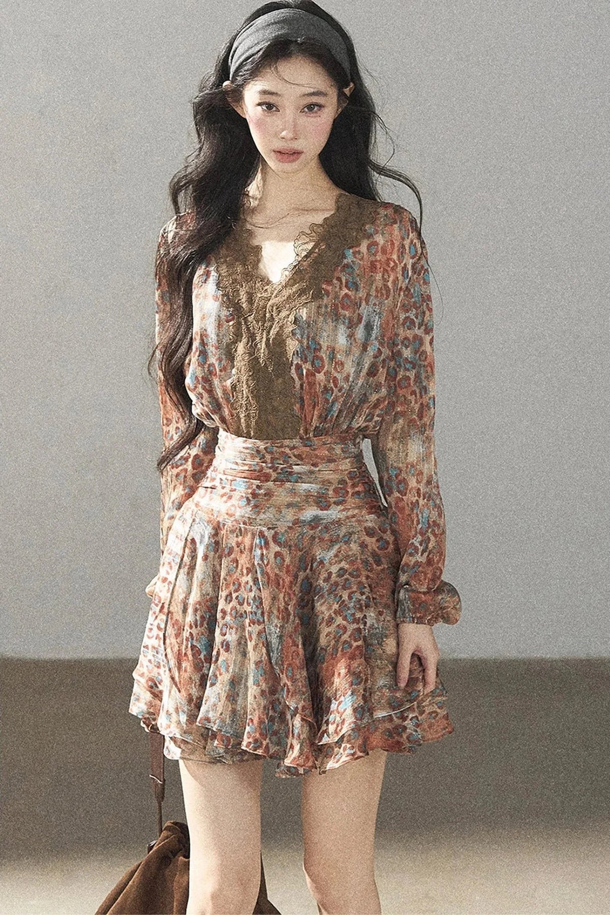 Leopard Print Chiffon Puffy Dress and Pants Set