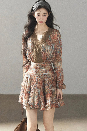 Leopard Print Chiffon Puffy Dress and Pants Set