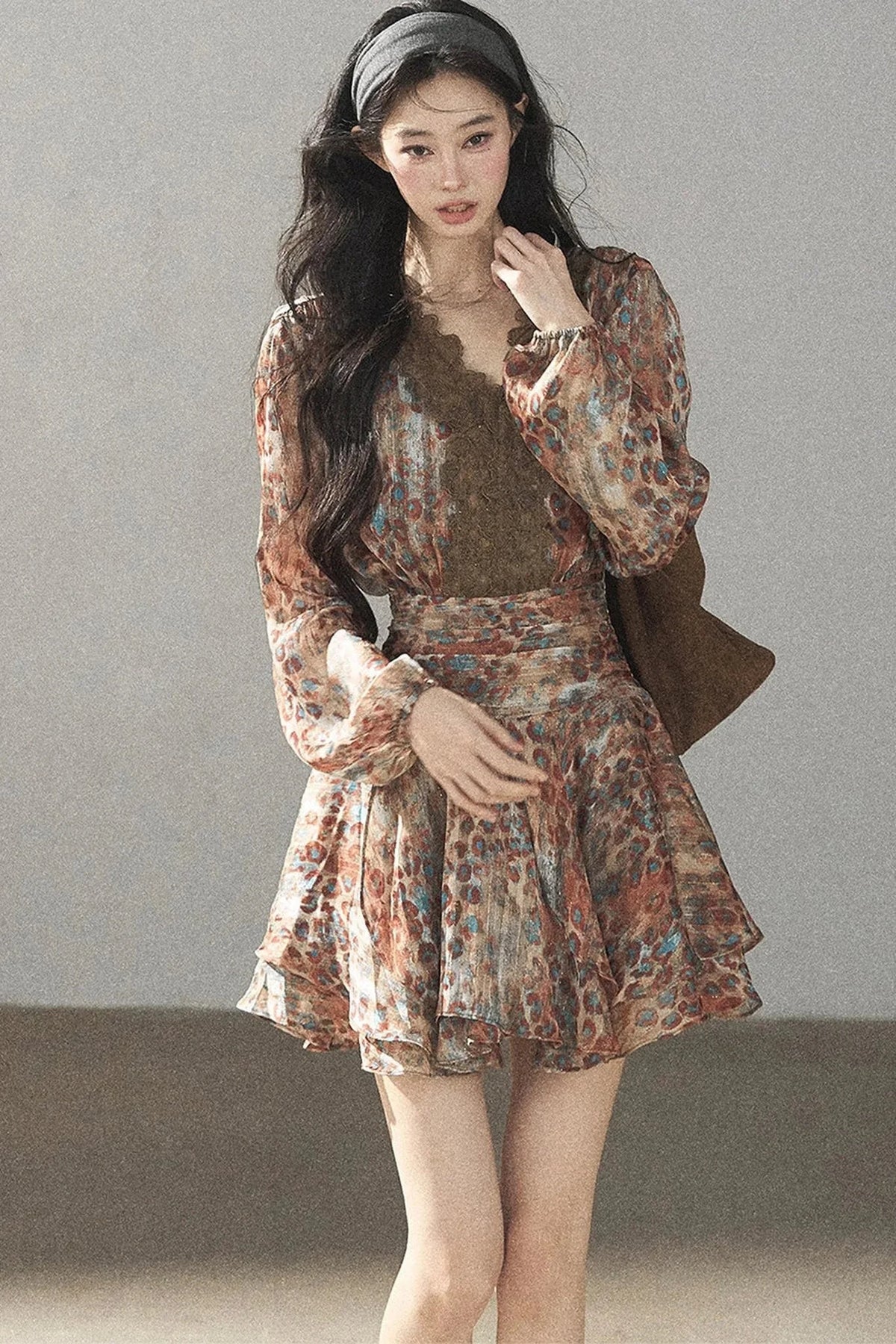 Leopard Print Chiffon Puffy Dress and Pants Set