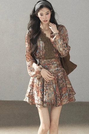 Leopard Print Chiffon Puffy Dress and Pants Set