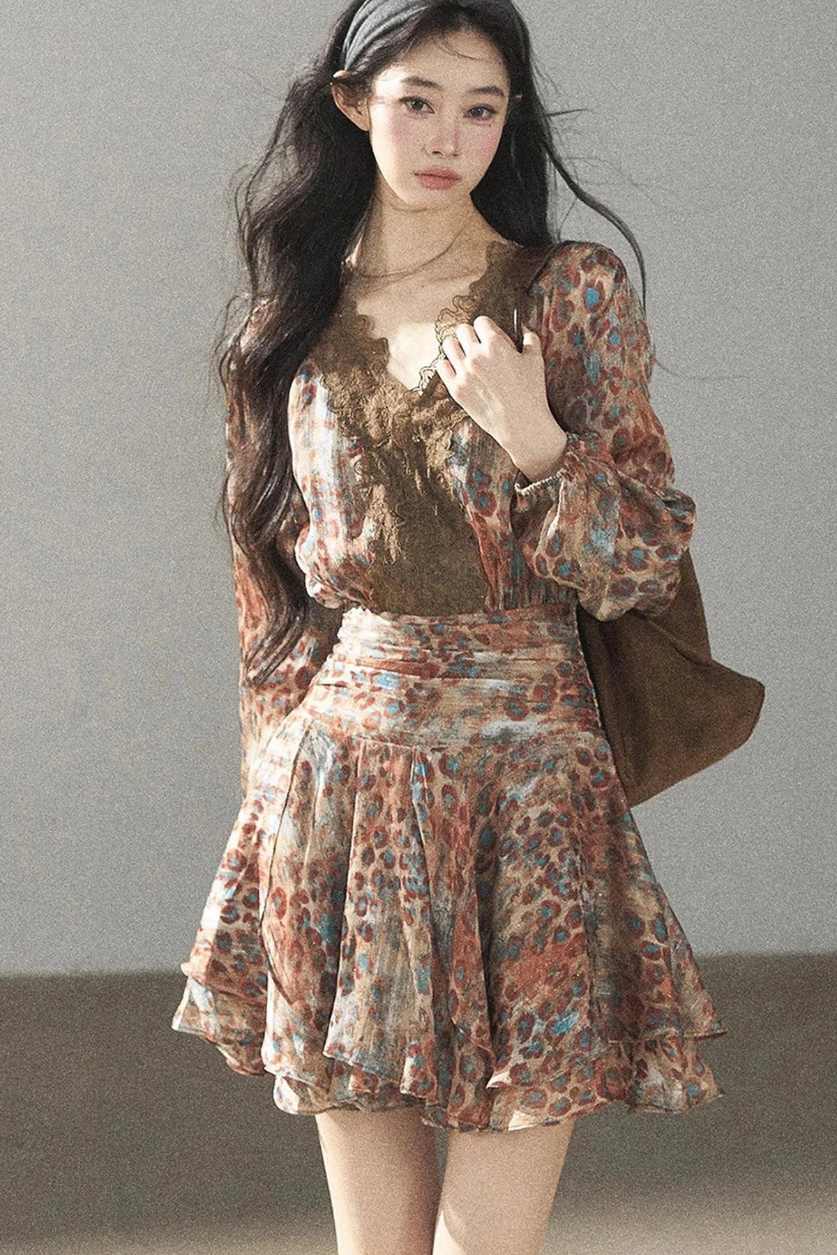 Leopard Print Chiffon Puffy Dress and Pants Set