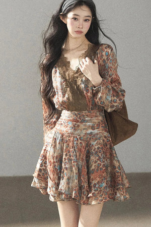 Leopard Print Chiffon Puffy Dress and Pants Set