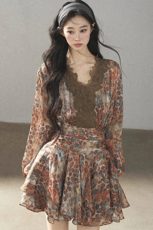 Leopard Print Chiffon Puffy Dress and Pants Set