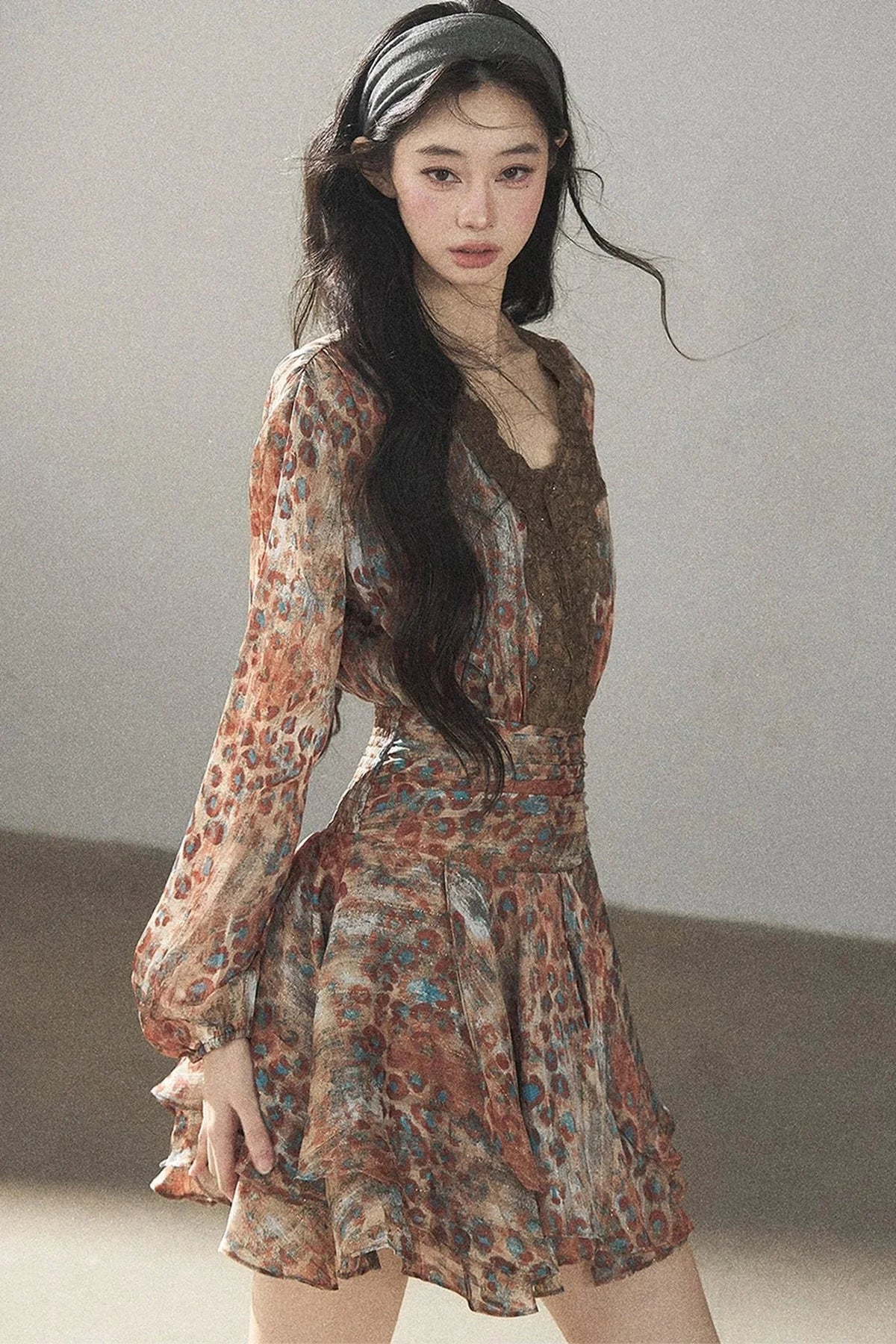 Leopard Print Chiffon Puffy Dress and Pants Set