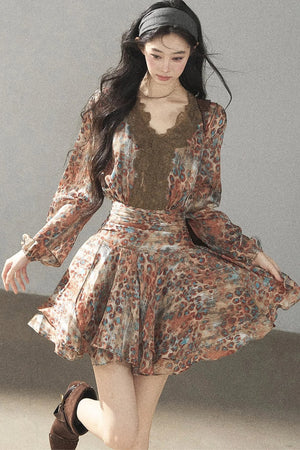 Leopard Print Chiffon Puffy Dress and Pants Set