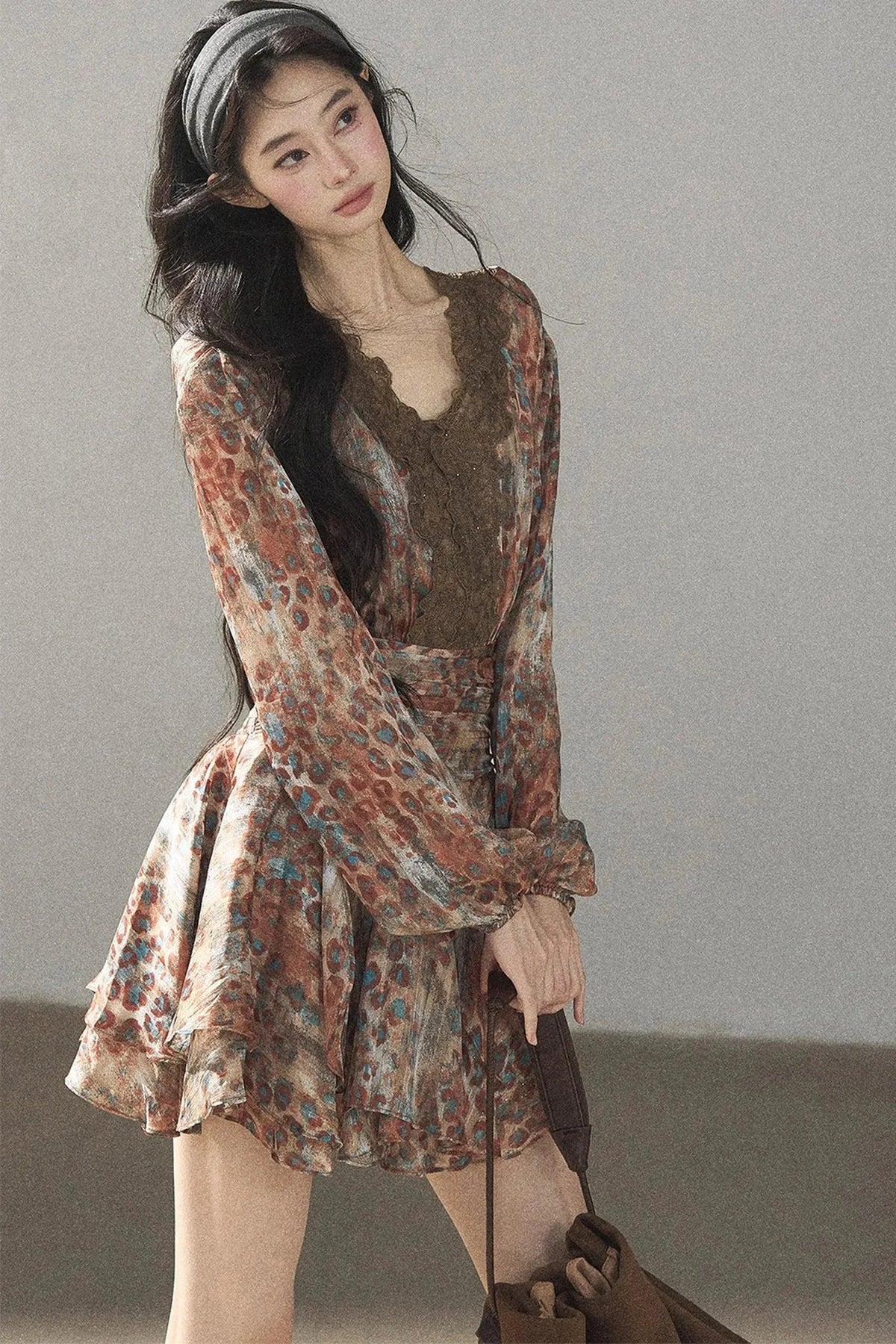 Leopard Print Chiffon Puffy Dress and Pants Set