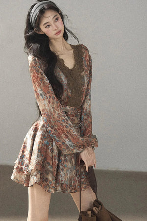 Leopard Print Chiffon Puffy Dress and Pants Set