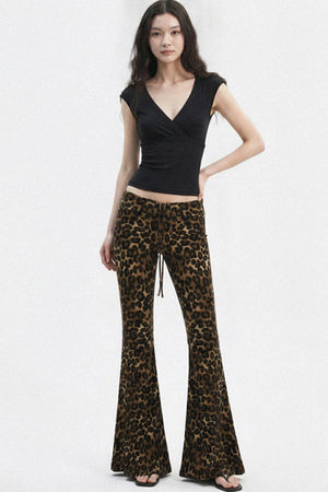 Leopard Print Drawstring Foldable Waist Flared Pants