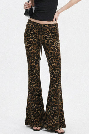 Leopard Print Drawstring Foldable Waist Flared Pants