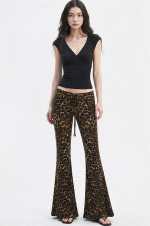 Leopard Print Drawstring Foldable Waist Flared Pants
