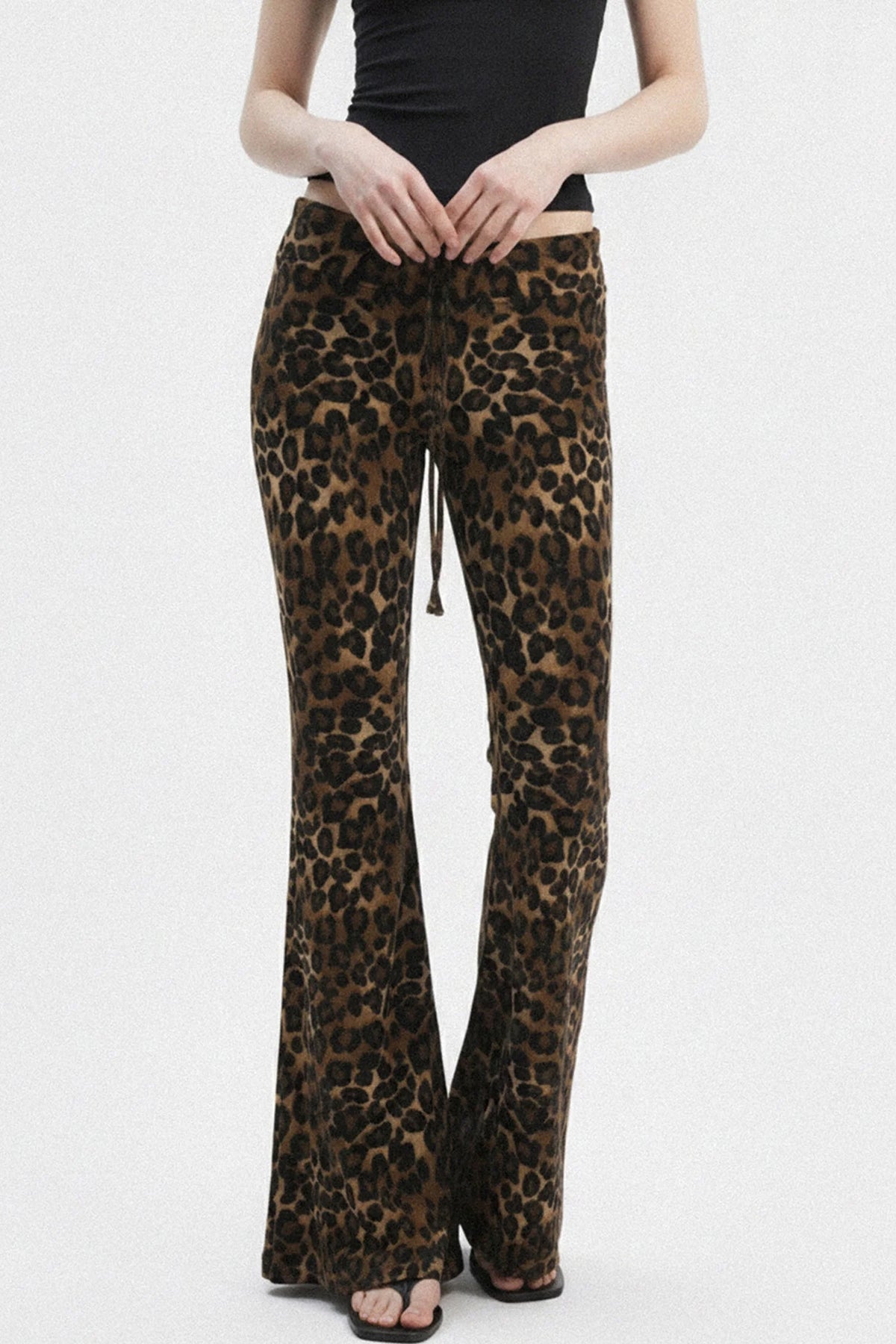 Leopard Print Drawstring Foldable Waist Flared Pants