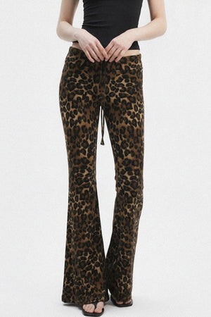 Leopard Print Drawstring Foldable Waist Flared Pants