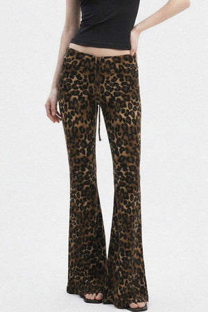 Leopard Print Drawstring Foldable Waist Flared Pants