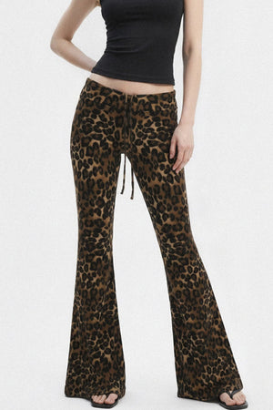 Leopard Print Drawstring Foldable Waist Flared Pants