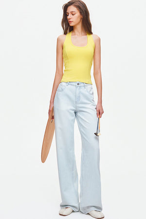Light Blue Lyocell Cotton Blend Wide Leg Jeans