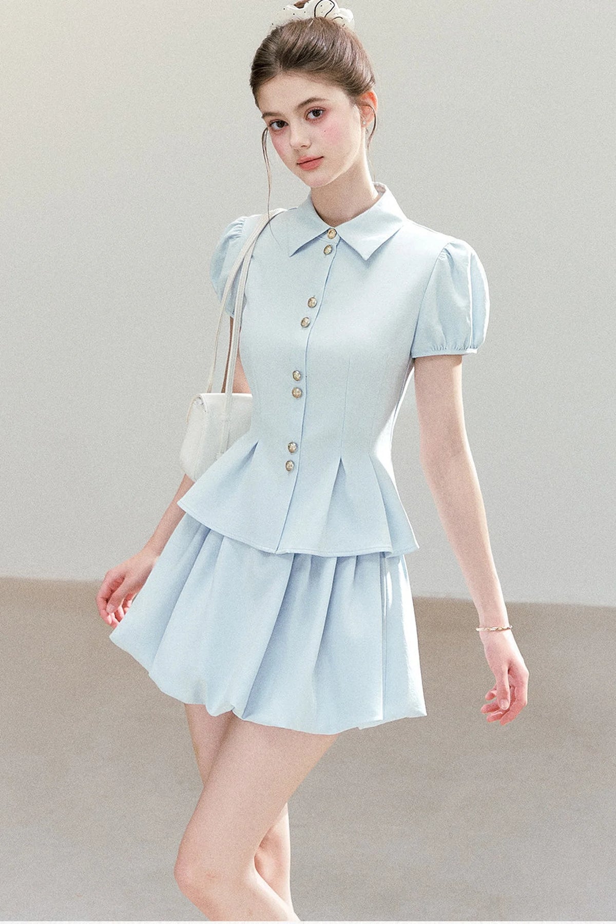 Light Blue Puff Sleeve Shirt And Skirt Set