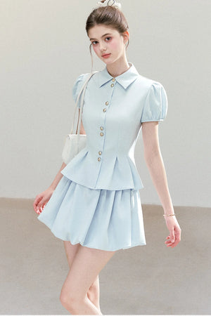 Light Blue Puff Sleeve Shirt And Skirt Set
