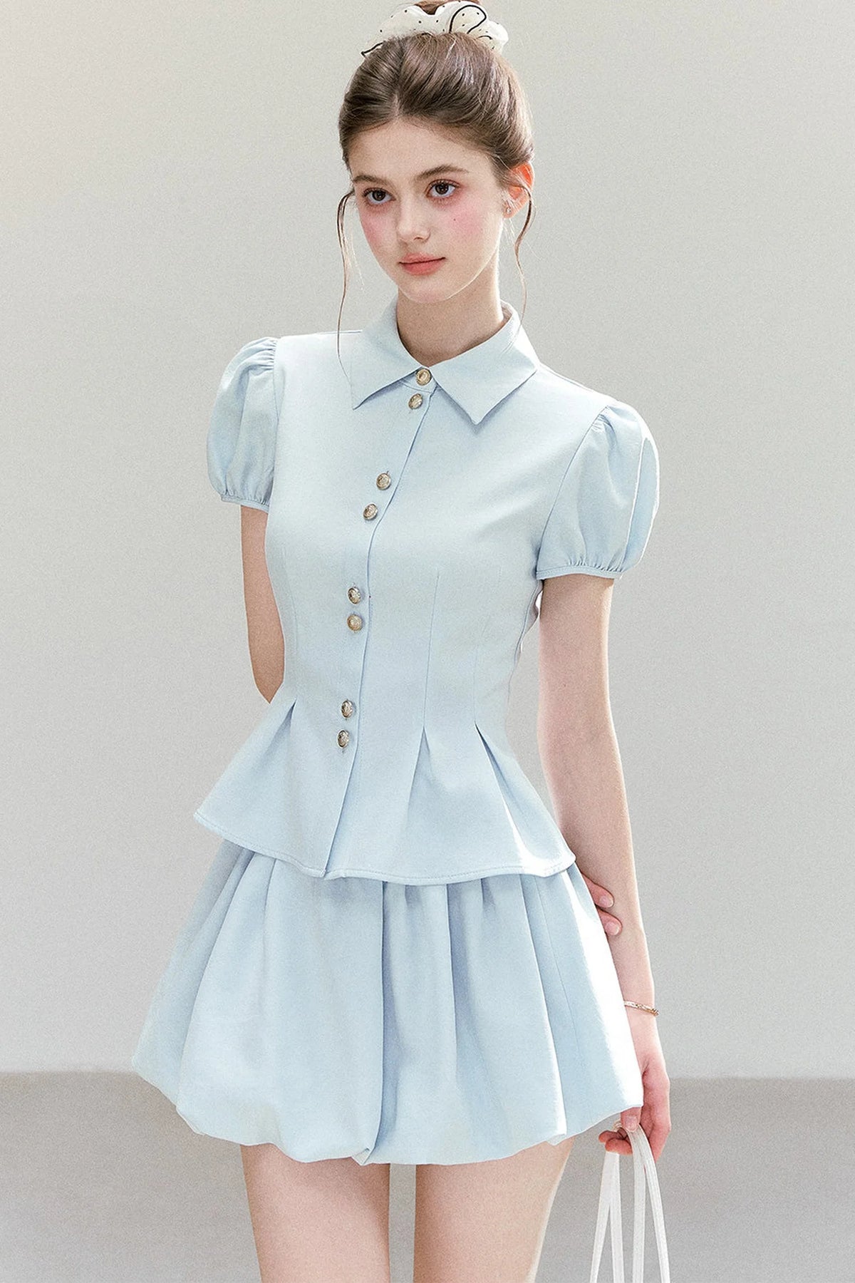 Light Blue Puff Sleeve Shirt And Skirt Set