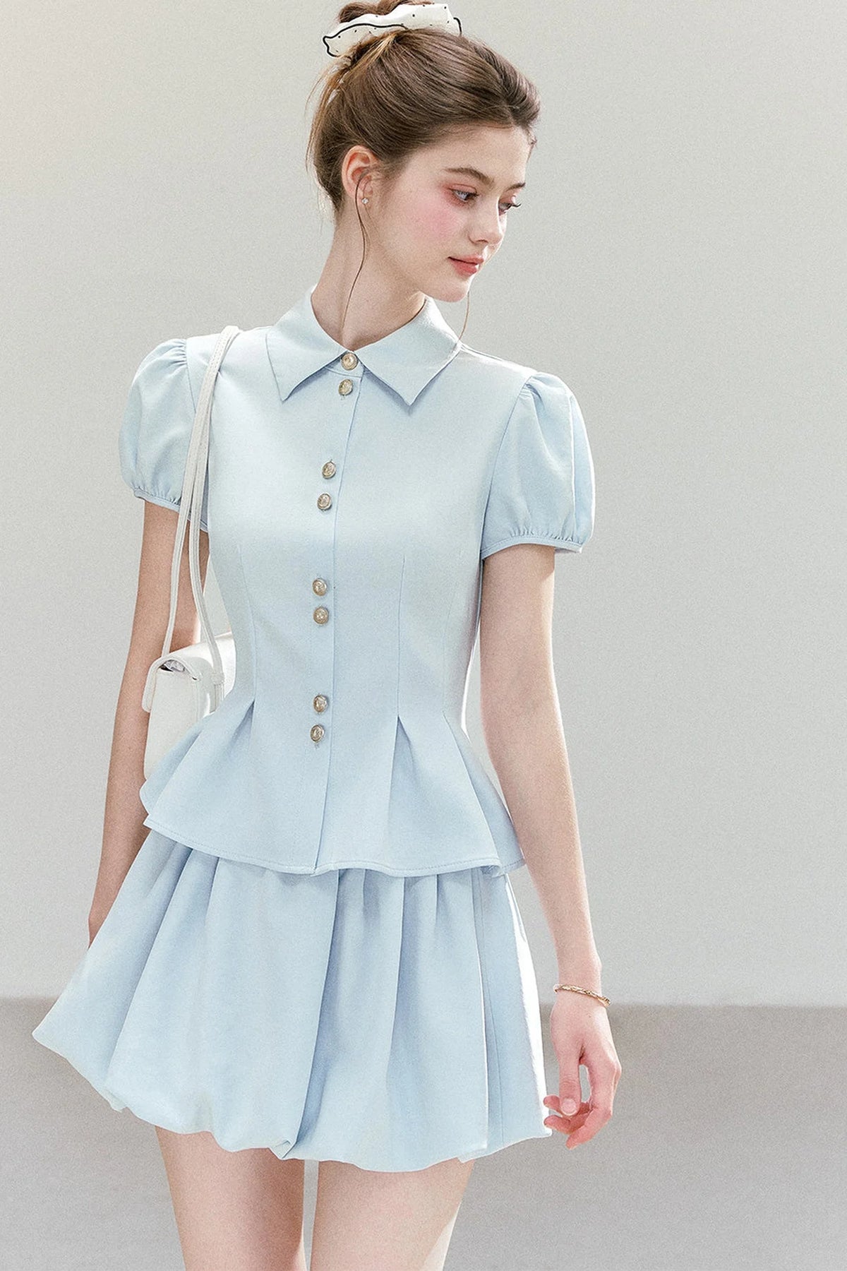 Light Blue Puff Sleeve Shirt And Skirt Set