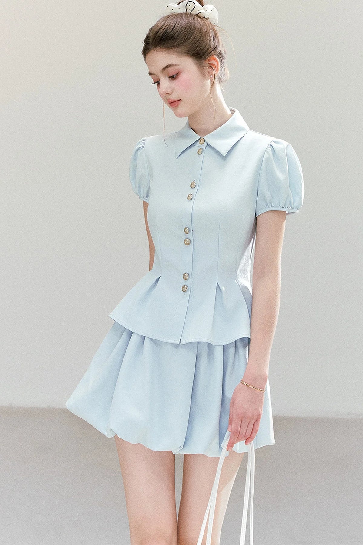 Light Blue Puff Sleeve Shirt And Skirt Set