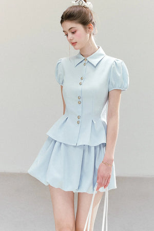 Light Blue Puff Sleeve Shirt And Skirt Set