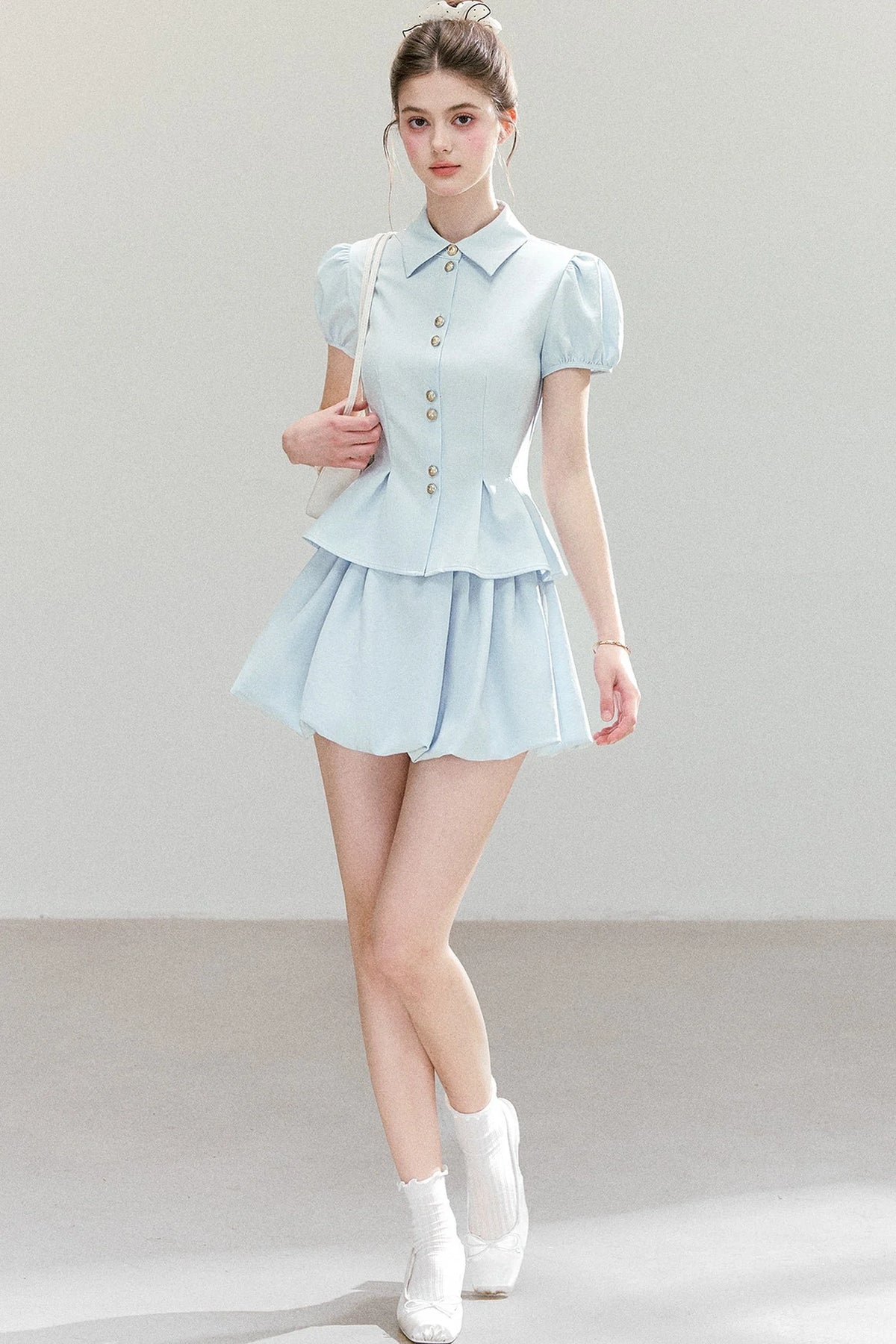 Light Blue Puff Sleeve Shirt And Skirt Set