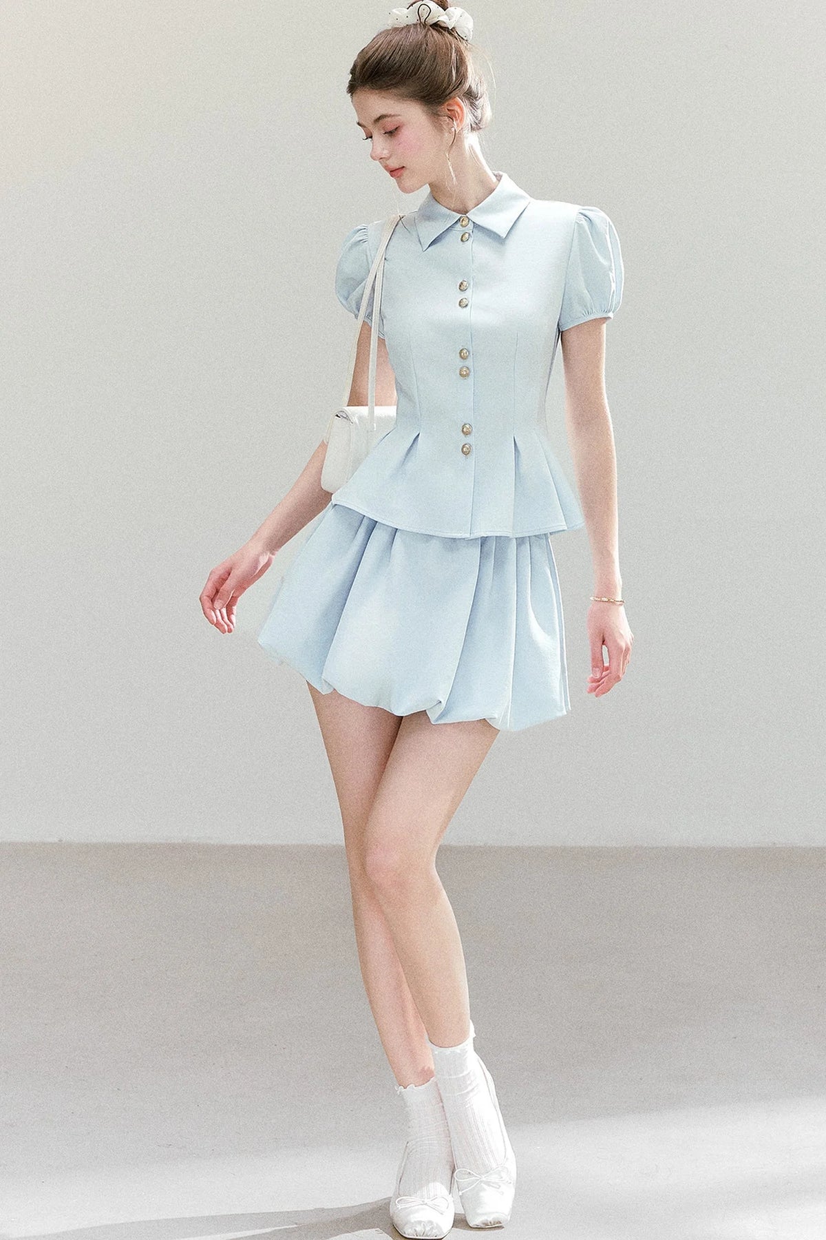 Light Blue Puff Sleeve Shirt And Skirt Set