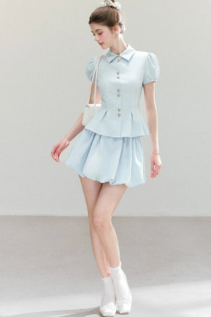 Light Blue Puff Sleeve Shirt And Skirt Set