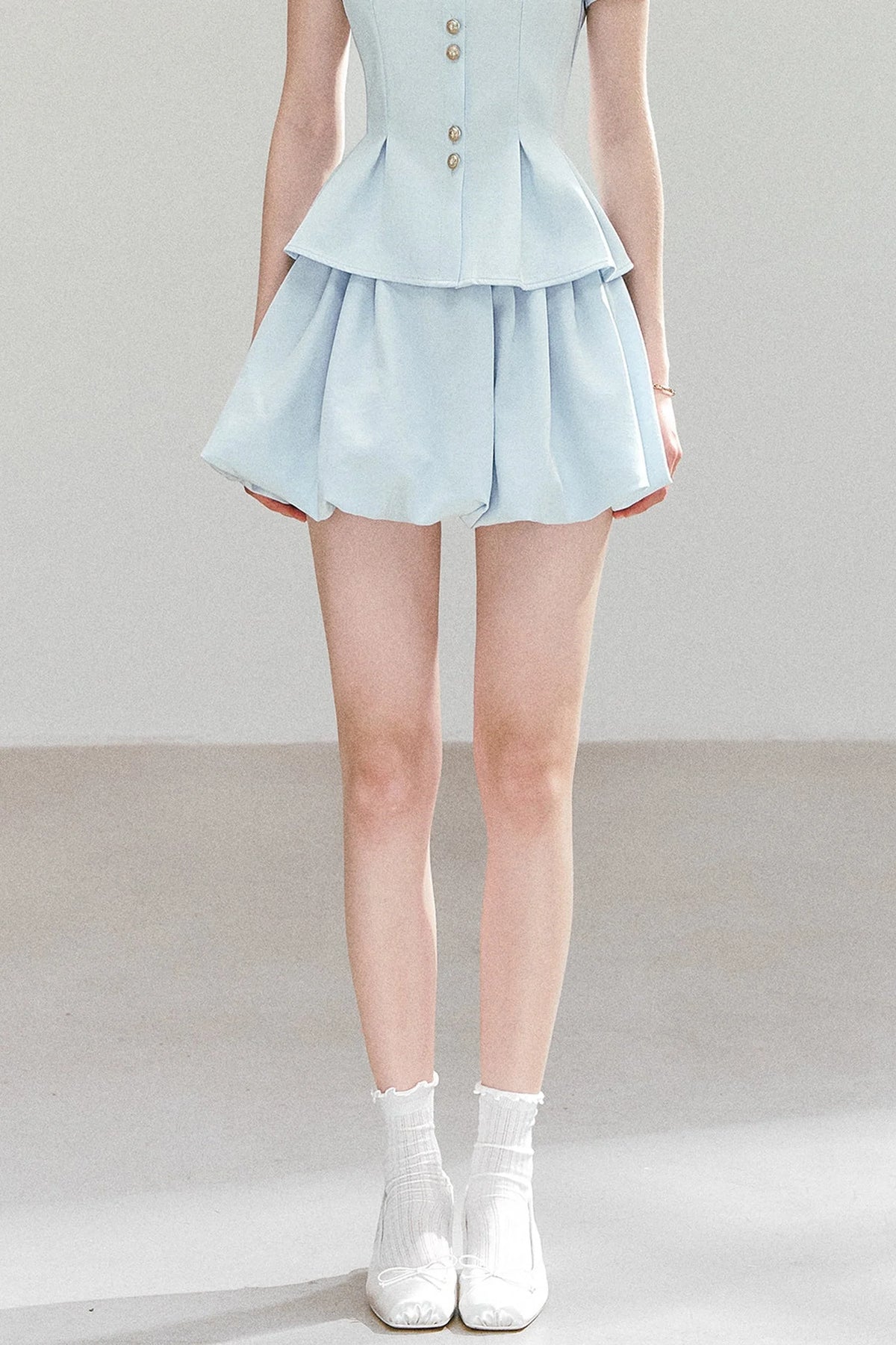 Light Blue Puff Sleeve Shirt And Skirt Set