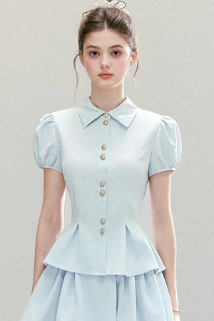 Light Blue Puff Sleeve Shirt And Skirt Set