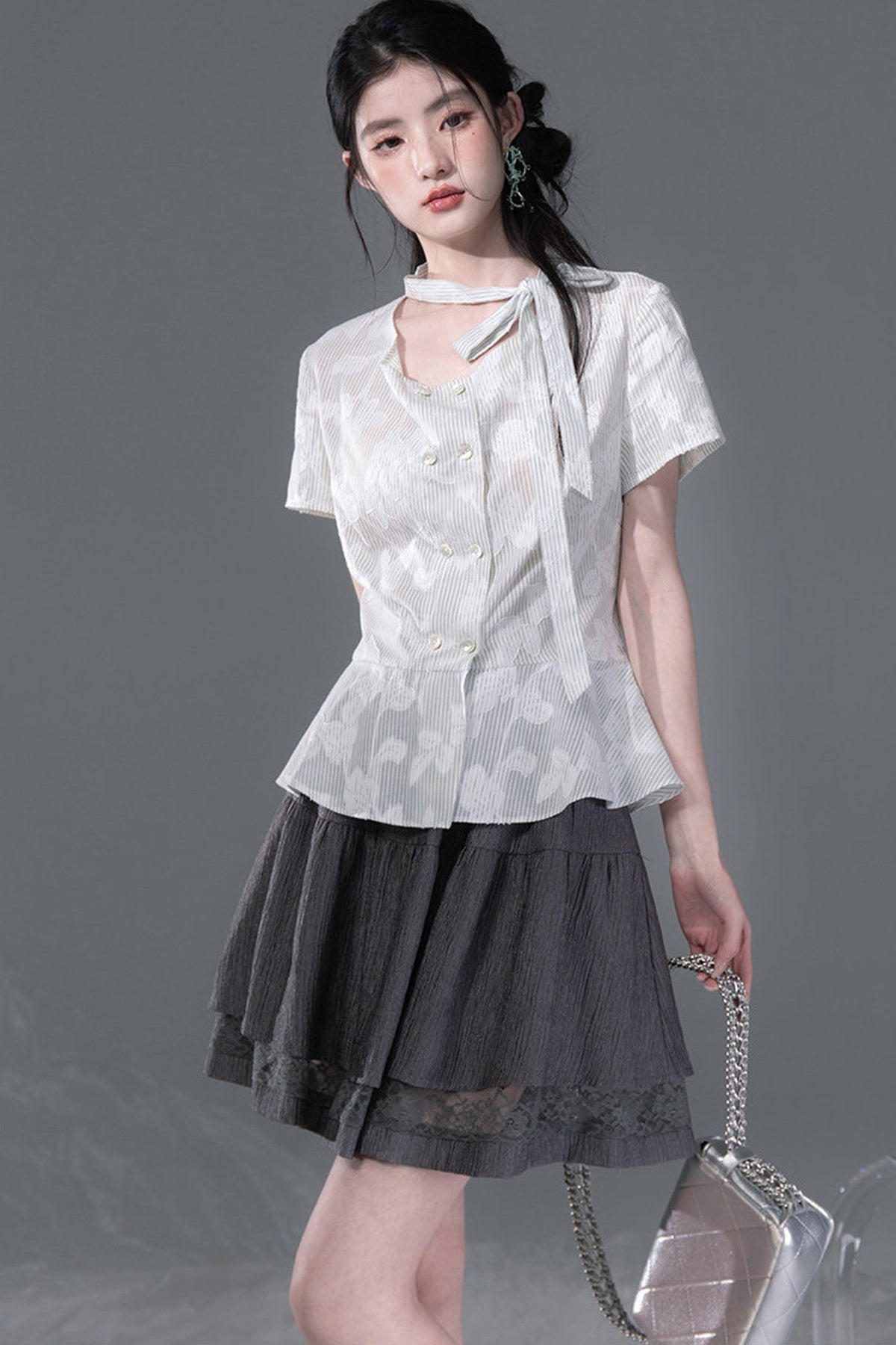 Light Gray-Green Double-Breasted Blouse