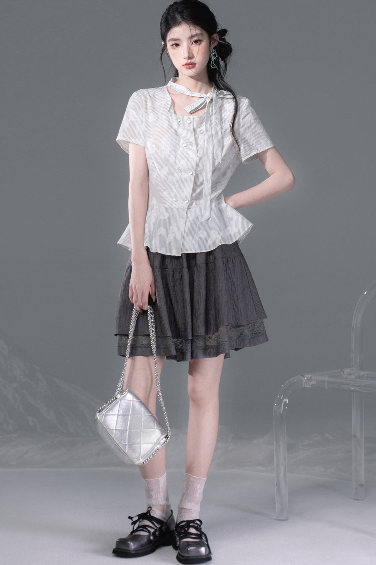 Light Gray-Green Double-Breasted Blouse