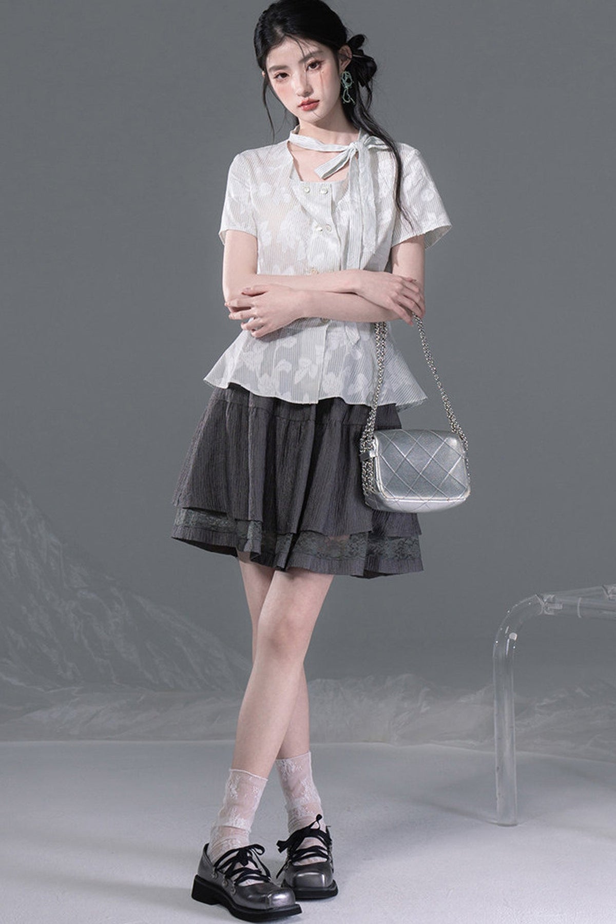 Light Gray-Green Double-Breasted Blouse