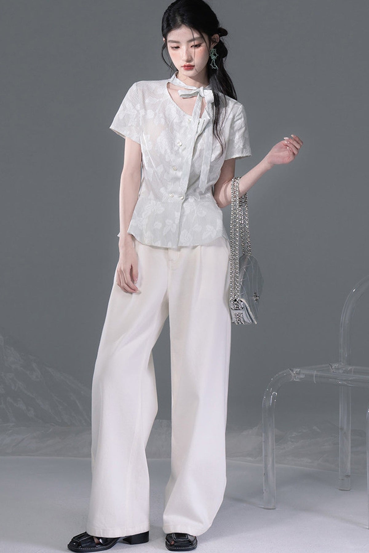 Light Gray-Green Double-Breasted Blouse