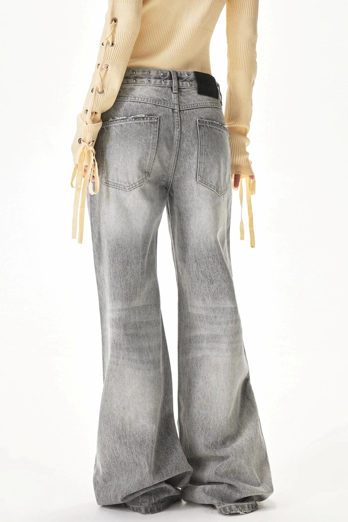 Light Gray Rhinestone Wide-Leg Pants