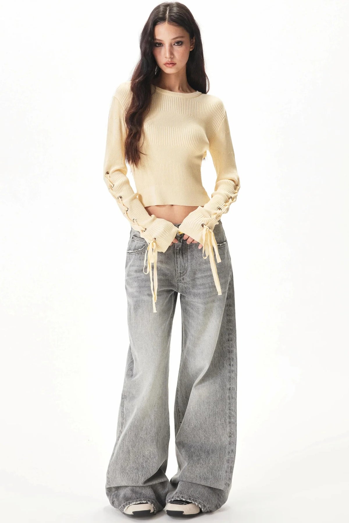 Light Gray Rhinestone Wide-Leg Pants