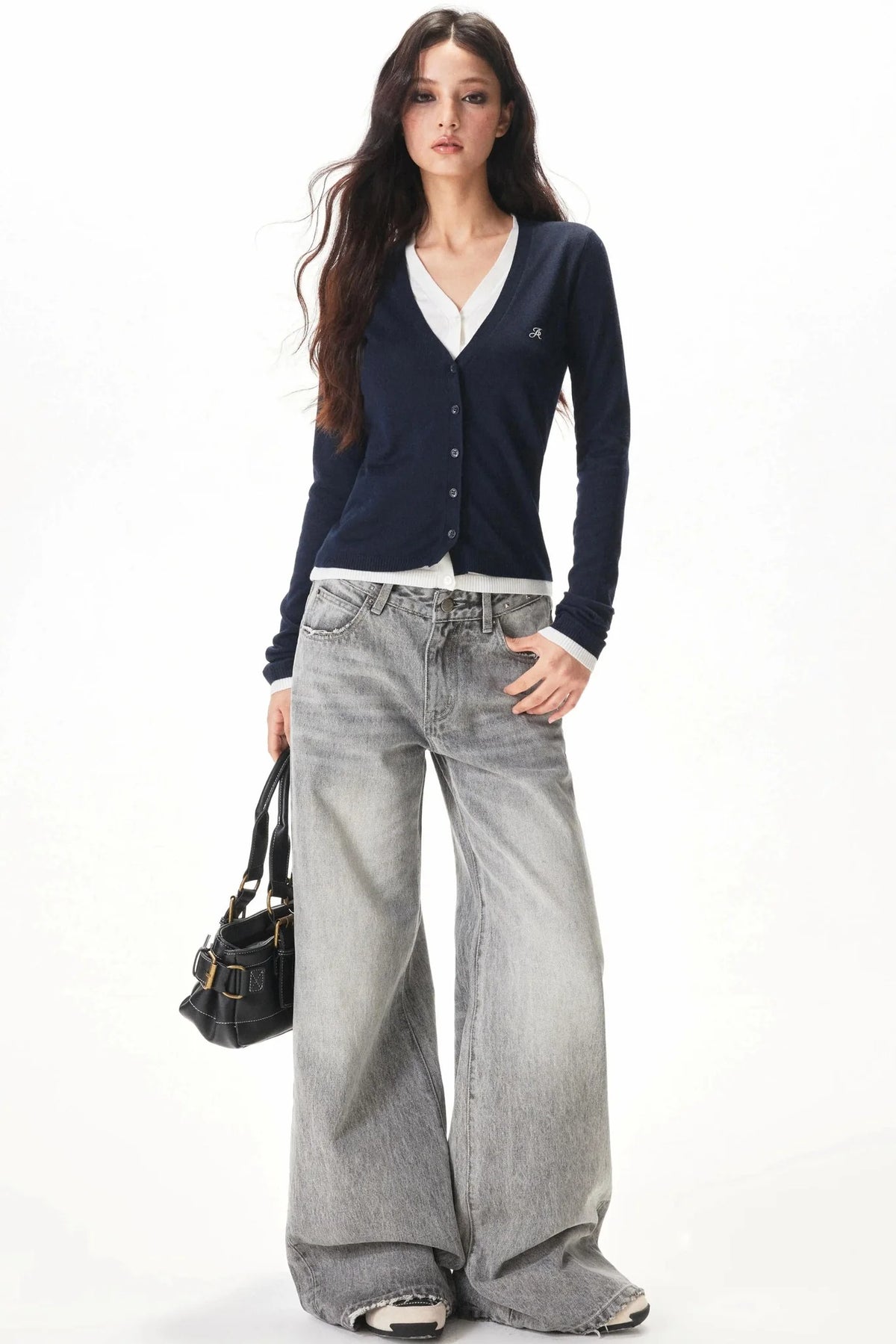 Light Gray Rhinestone Wide-Leg Pants
