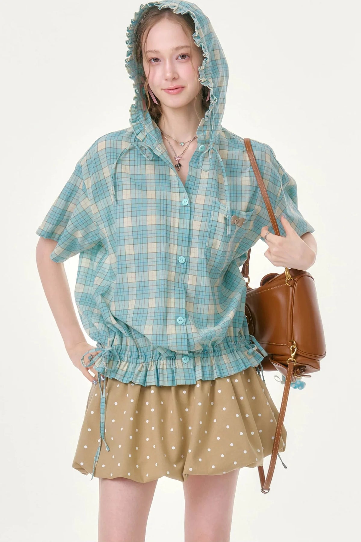 Light Green Plaid Hooded Ruffled Shirt