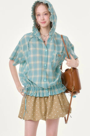Light Green Plaid Hooded Ruffled Shirt