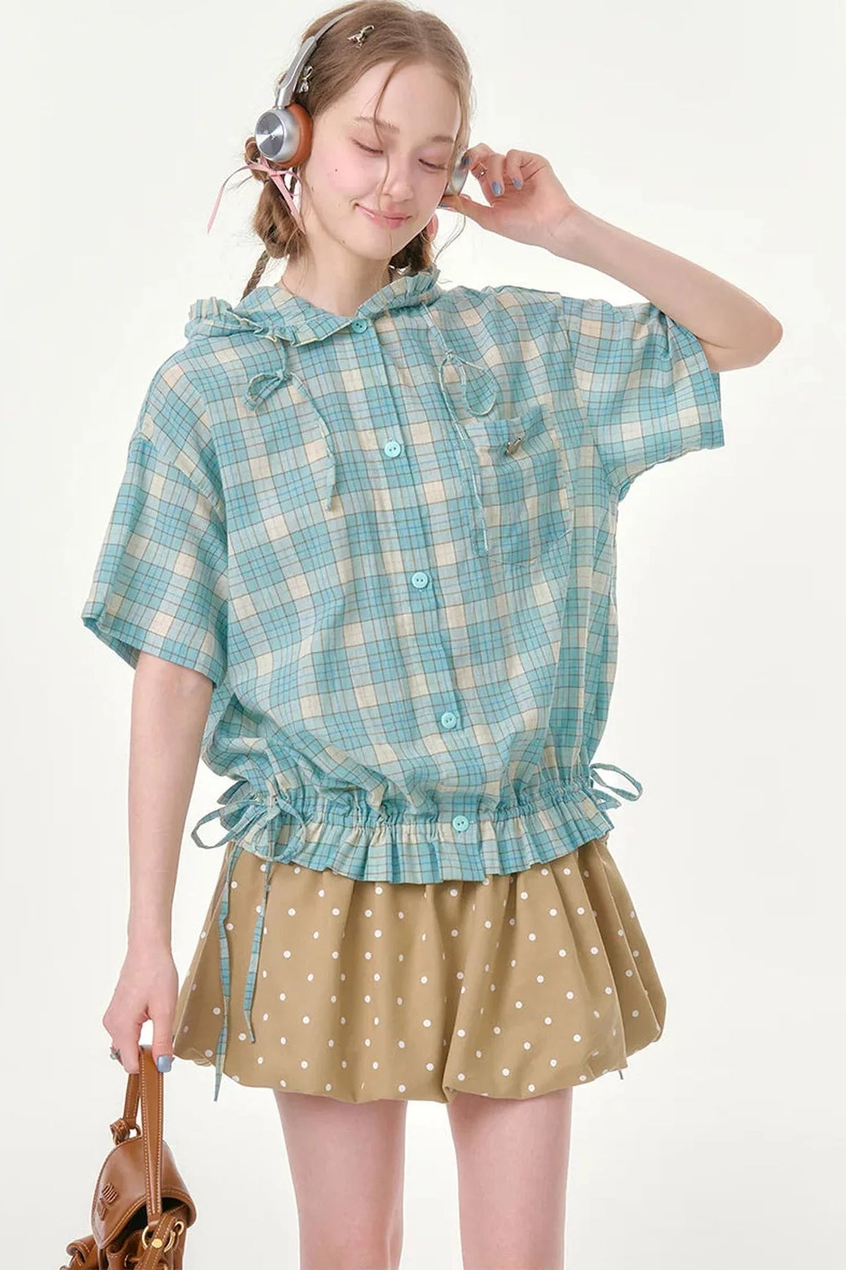 Light Green Plaid Hooded Ruffled Shirt