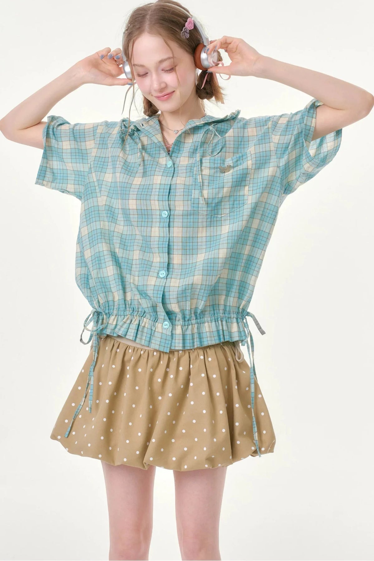Light Green Plaid Hooded Ruffled Shirt